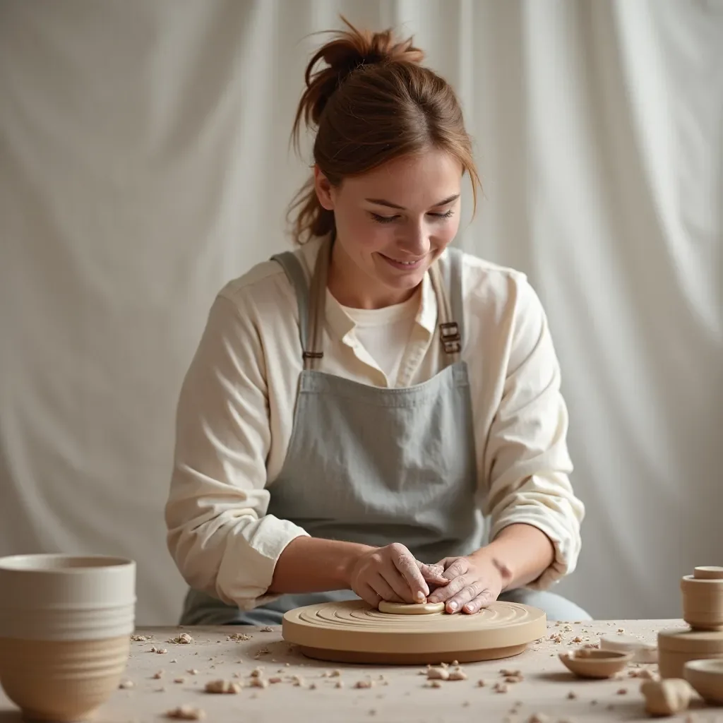 Artist working with earthenware clay at pottery wheel, hands shaping clay, studio environment with pottery equipment visible