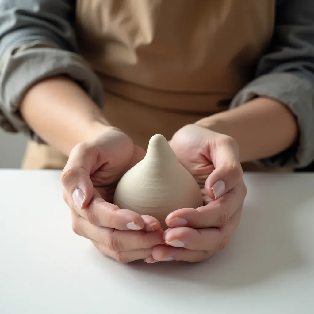 Close-up of hands shaping earthenware clay on work surface, fingers molding clay texture, natural lighting from above, detailed view