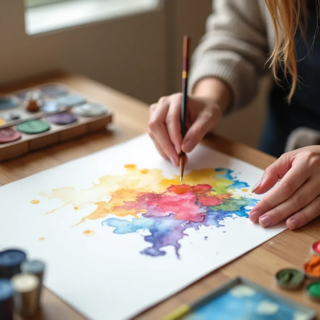 Artist hands working with watercolors on cotton-blend paper, showing color blending and pigment movement, natural studio lighting