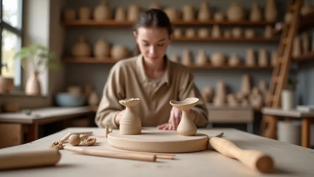 Clay modeling workspace with earthenware clay, sculpting tools, and finished pottery pieces
