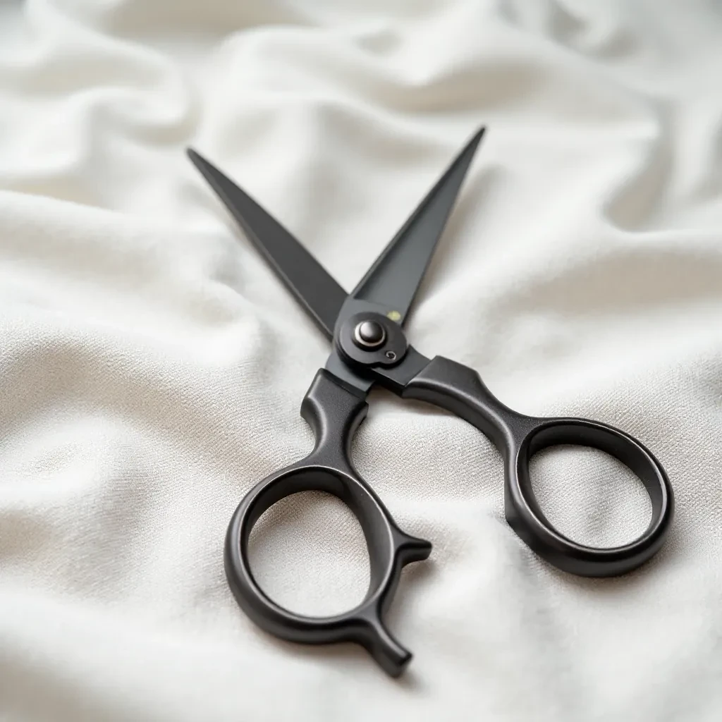 Close-up of premium fabric scissors with ergonomic metal handles, sharp blades reflected in studio light, on natural fabric background