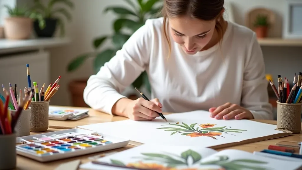 Art studio setup with sketchbooks, colored pencils, watercolors, and artist work samples