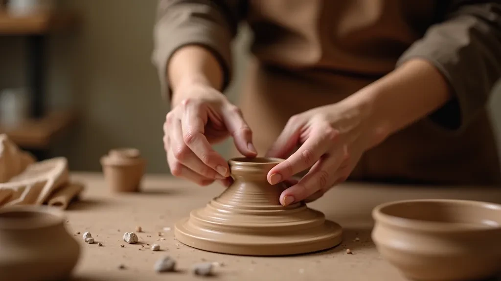 Detail of hands working with clay materials