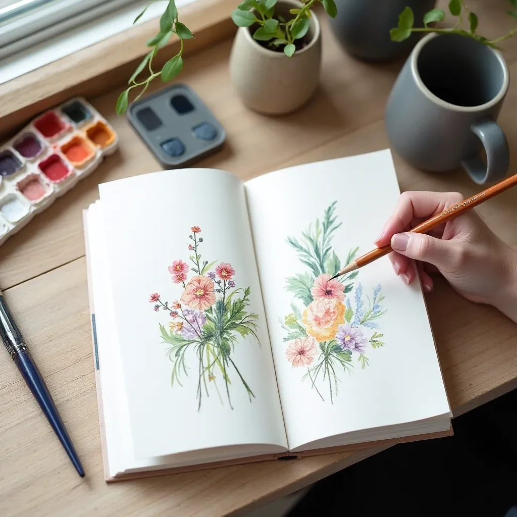Open sketchbook showing watercolor and pencil artwork spread, with artist materials visible nearby, natural window lighting