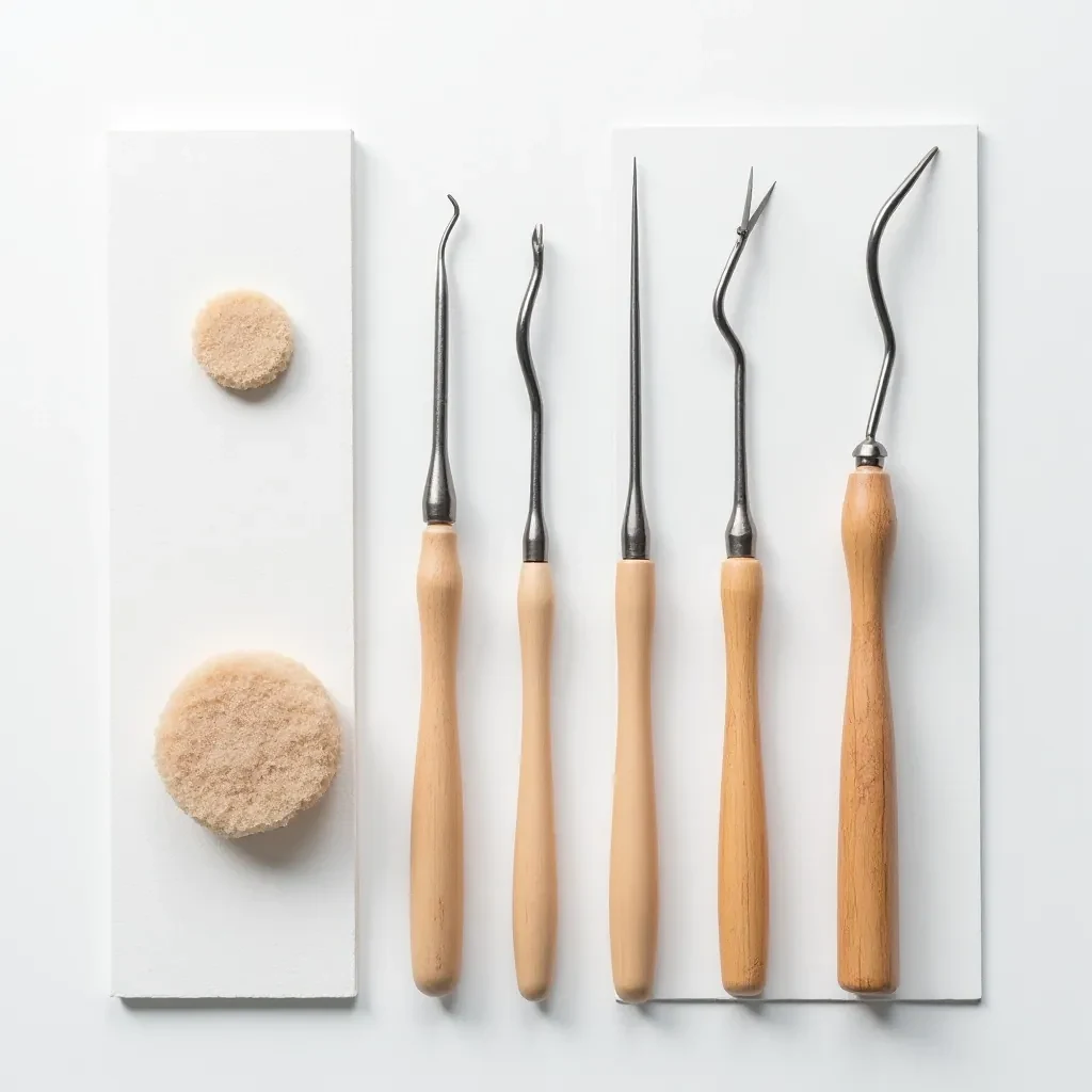 Seven sculpting tools arranged in a row on white surface, wire cutter, loop tools, modeling stick, sponge visible, clean composition