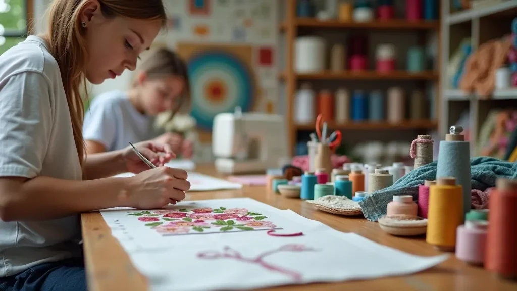 Sewing workshop with premium scissors, colorful threads, fabric swatches, and embroidery materials