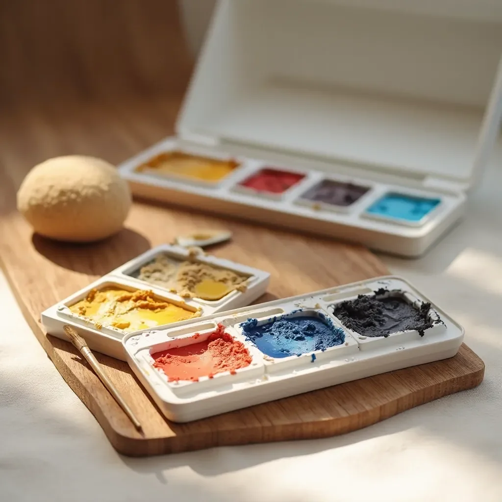 Watercolor palette maintenance and care, wooden case with preserved patina, soft brush and sponge cleaning tools visible